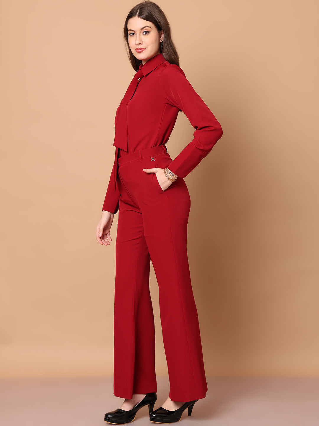 Exude Reign Supreme Shirt with Tie Paired with Matching Bootcut Trouser Red Co-ord Sets