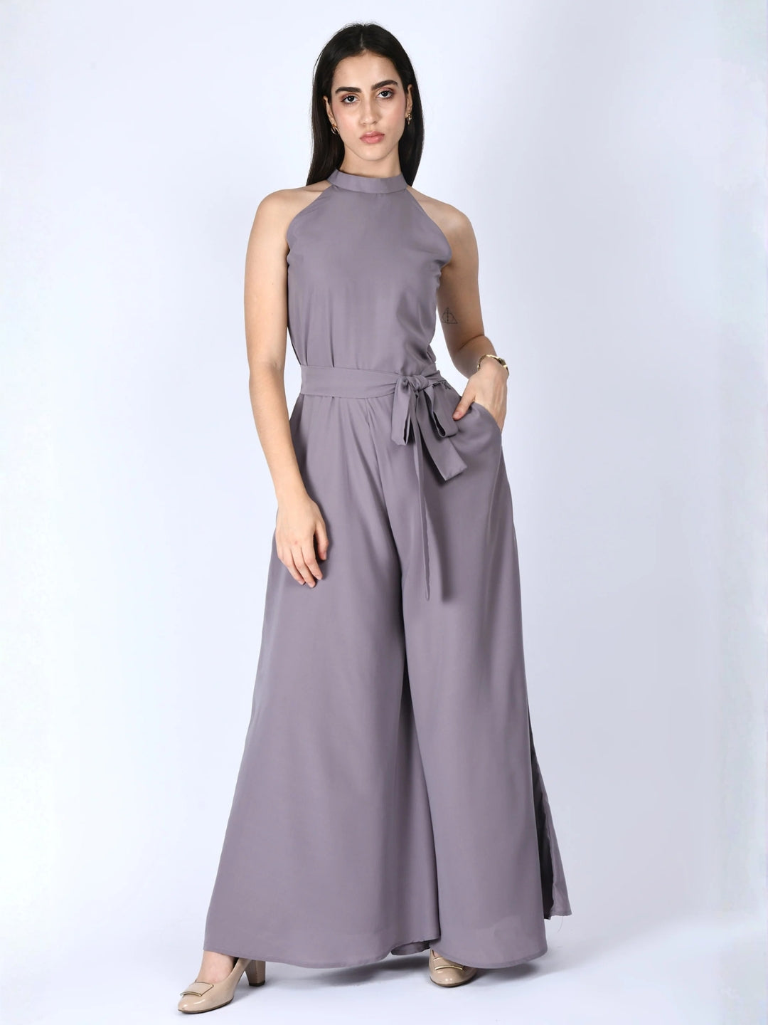 Exude Splendidness Extra Wide-Leg Jumpsuit Lilac Grey Jumpsuits