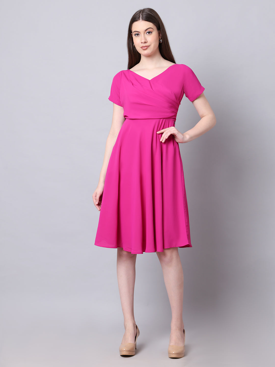 Exude Intrepid V-Neck Front Pleat Dress with Pockets Fuchsia Dresses