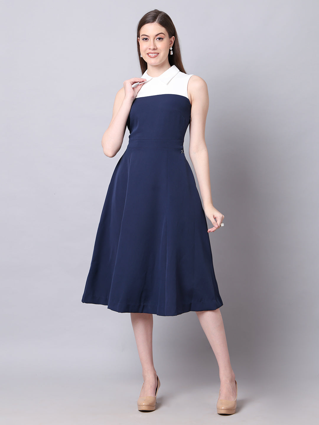 Exude Bronzed Color Block Dress With Collar Navy Dresses