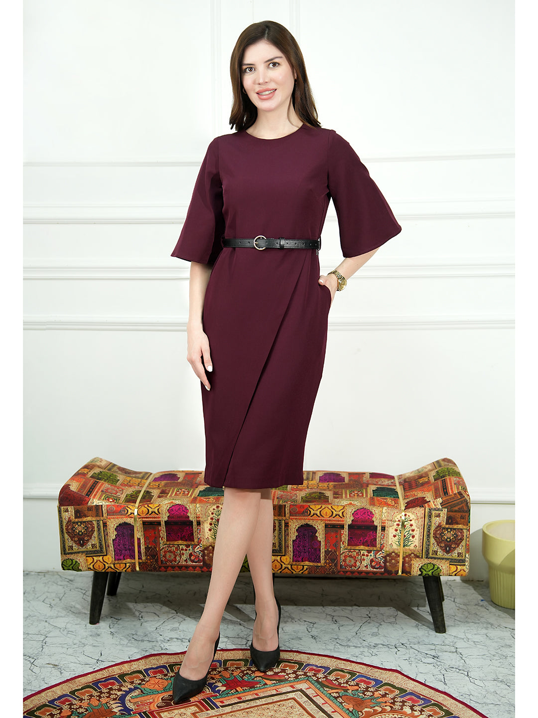 Exude Bliss Bell Sleeve Dress with Belt Wine Dresses