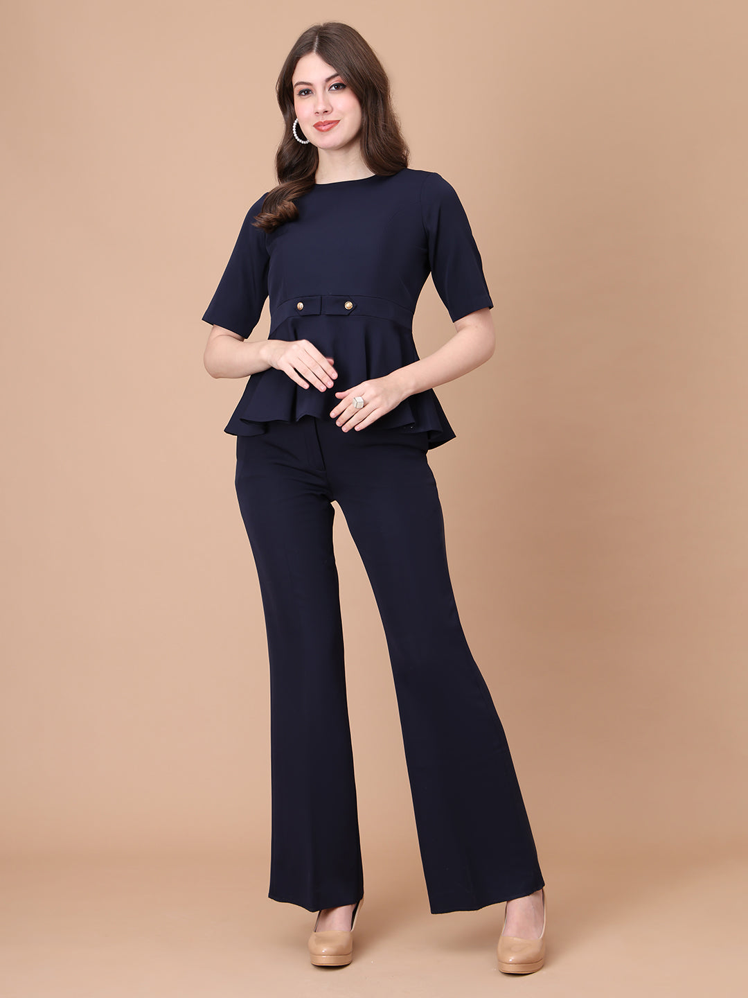 Exude Rise & Roar A-Line op with Waist Detail, Paired With Matching Bootcut Trouser Navy Co-ord Sets