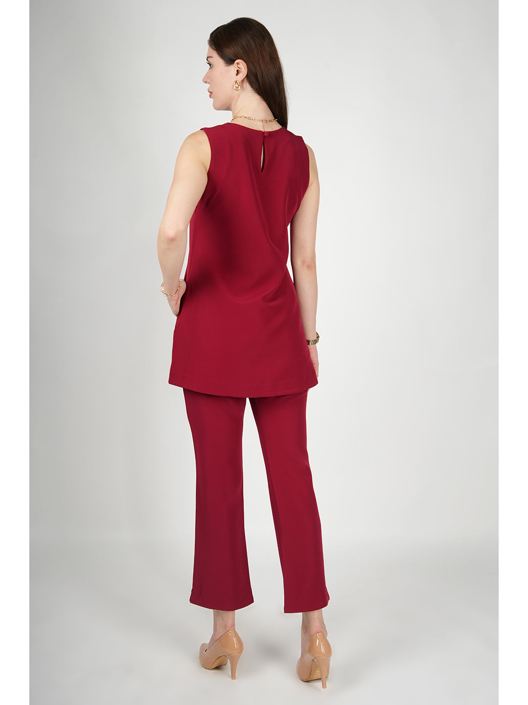 Exude Resplendent Thigh Length Tunic with Trouser Red Co-ord Sets