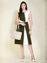 Exude Elegance Colour Blocked A-line Wrap Dress Olive + White Dresses
