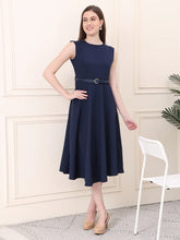 Exude Warmth Fit & Flare Dress with Belt Navy Dresses