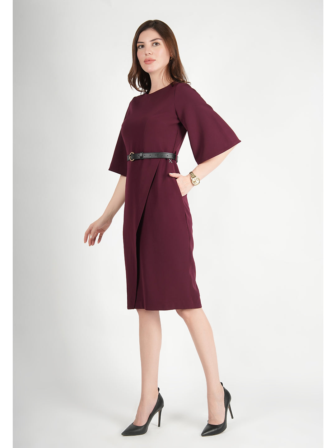 Exude Bliss Bell Sleeve Dress with Belt Wine Dresses