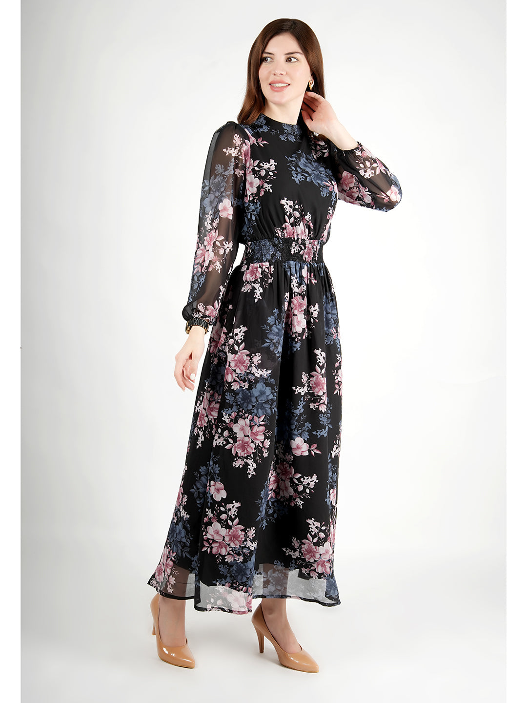 Exude Shimmer Black Floral Maxi Dress with Sleeves Black Dresses