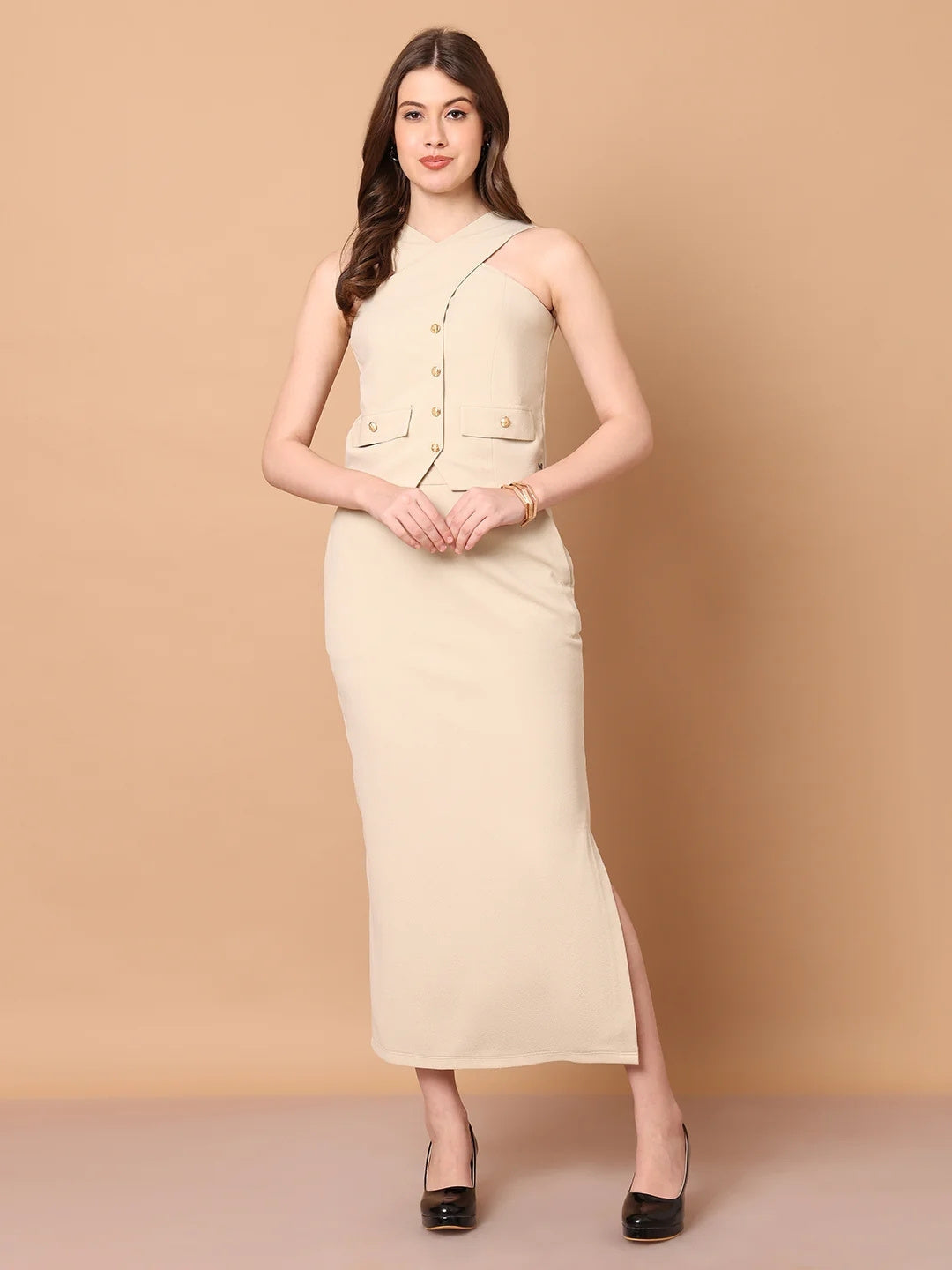 Exude Runway-Ready Long Skirt with Halter Top Beige Co-ord Sets
