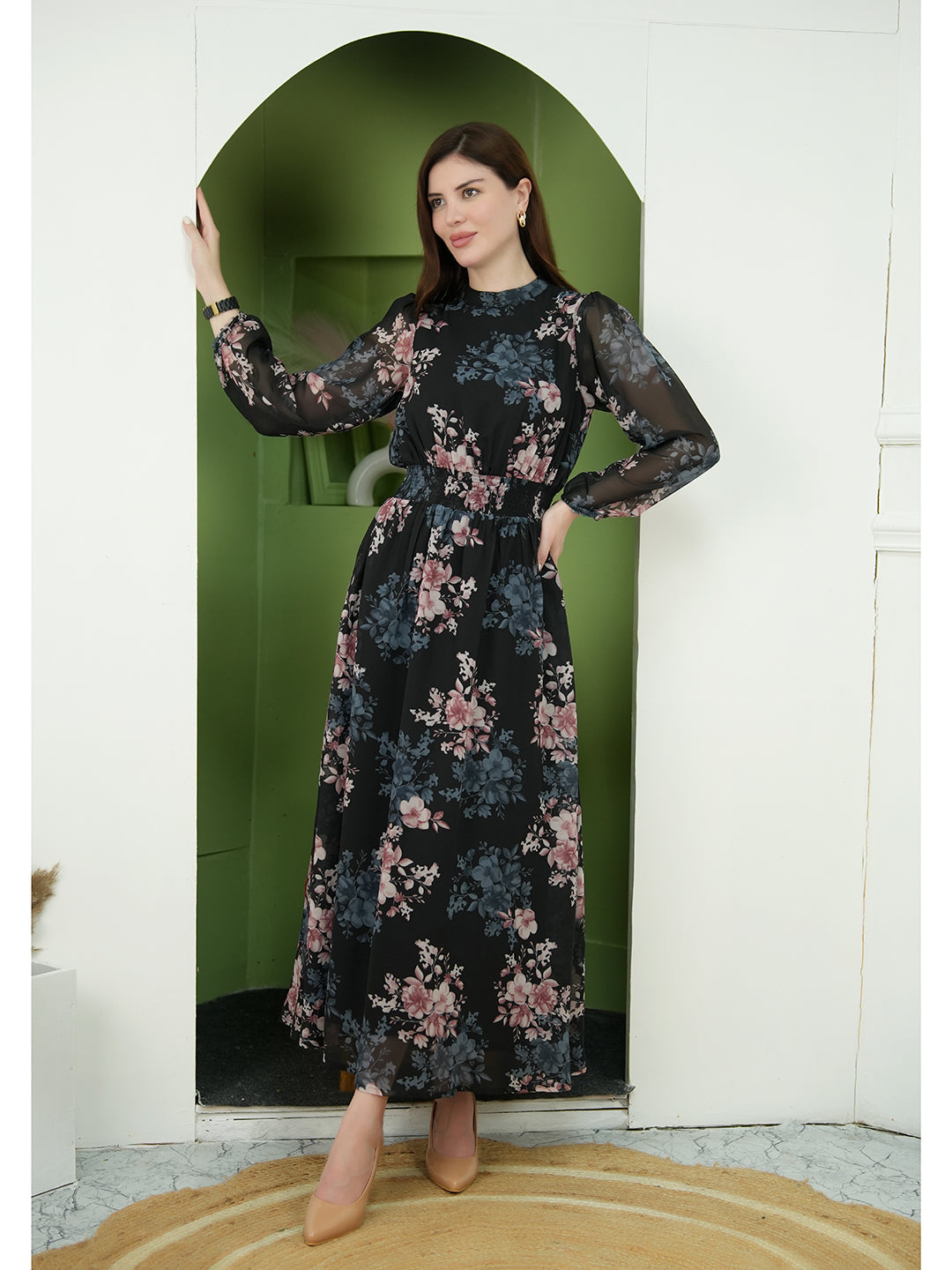 Exude Shimmer Black Floral Maxi Dress with Sleeves Black Dresses