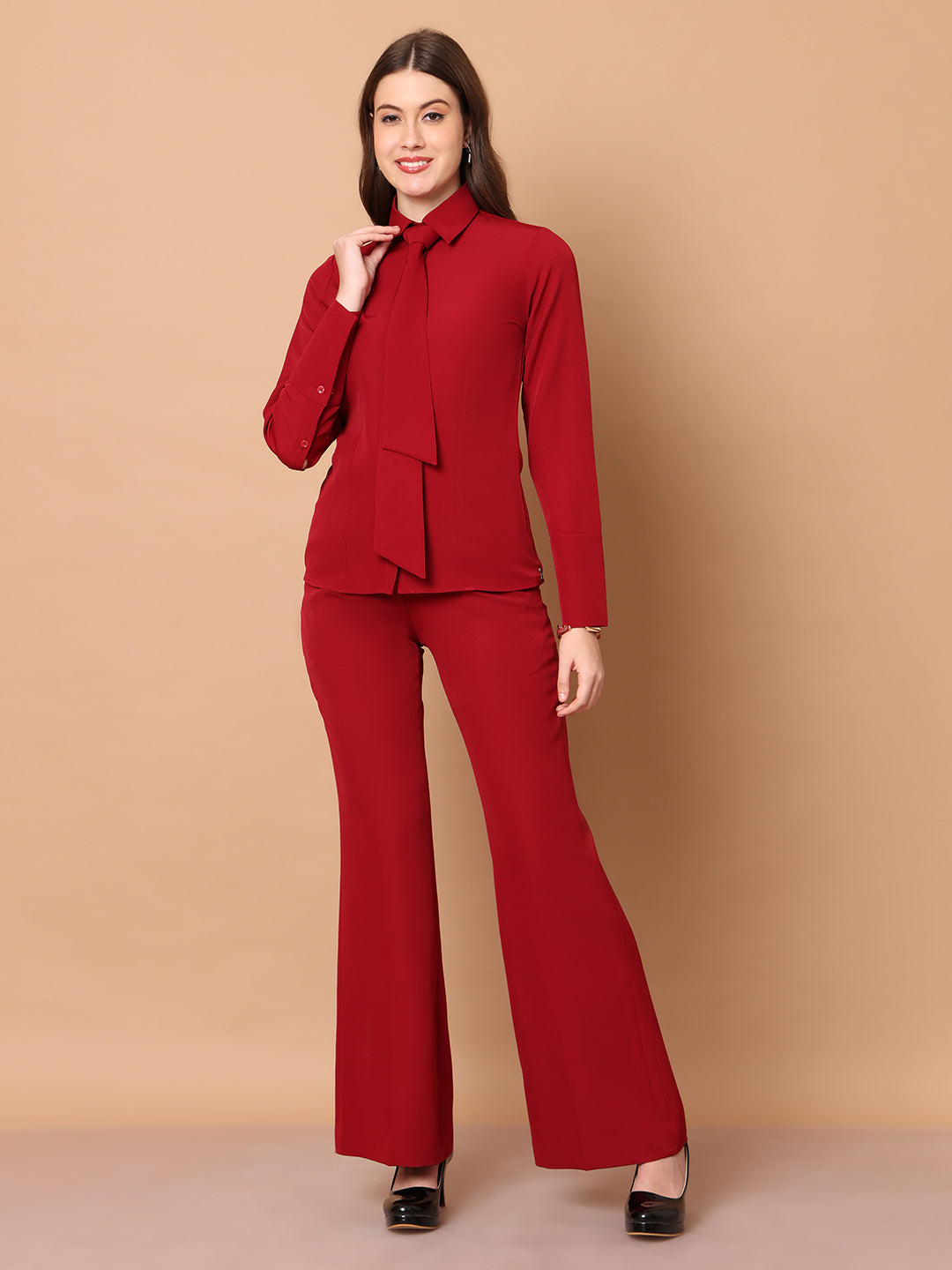 Exude Feminine touch Tie Shirt Red Tops