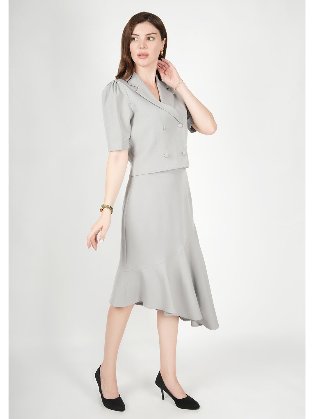 Exude Sunbeam Blazer Top with A-Symmetrical Skirt Grey Co-ord Sets