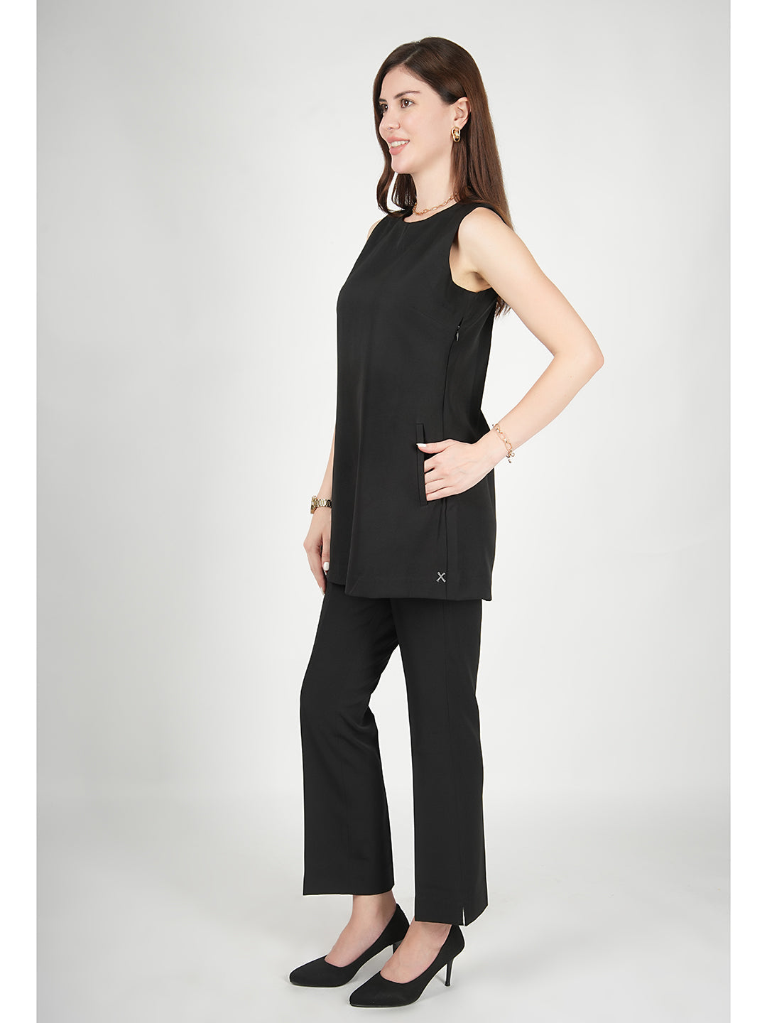 Exude Resplendent Thigh Length Tunic with Trouser Black Co-ord Sets