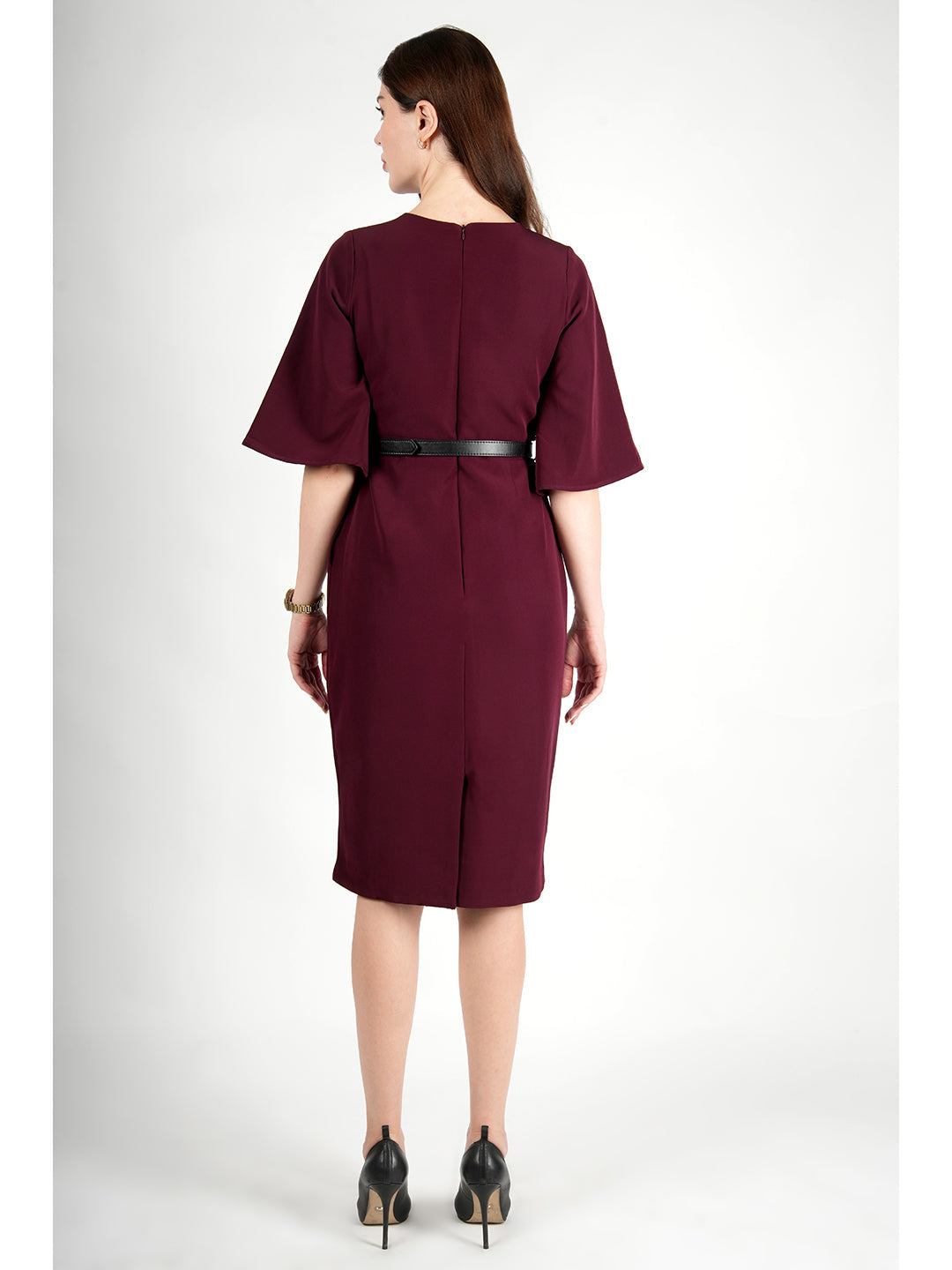 Exude Bliss Bell Sleeve Dress with Belt Wine Dresses