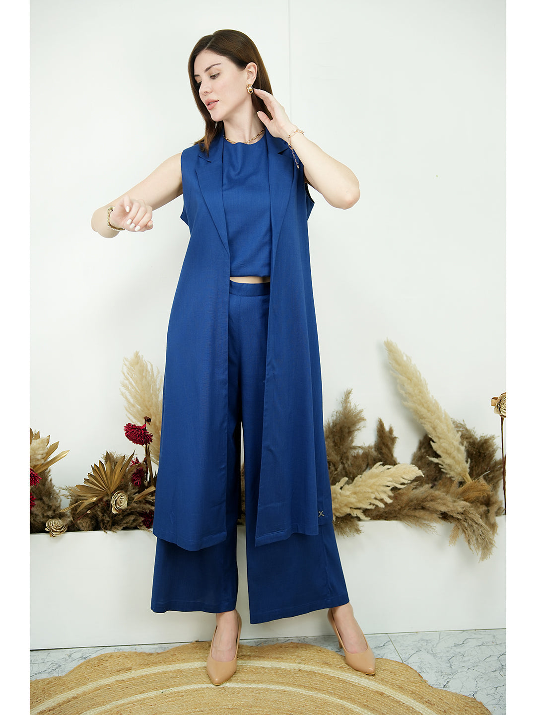 Exude Lustrous Long Jacket , Top with Wide Leg Trouser Royal Blue Co-ord Sets