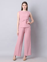 Exude Warrior Queen Side and Shoulder Pleat Top Paired with Wide Leg Trousers Dusty Pink Co-ord Sets
