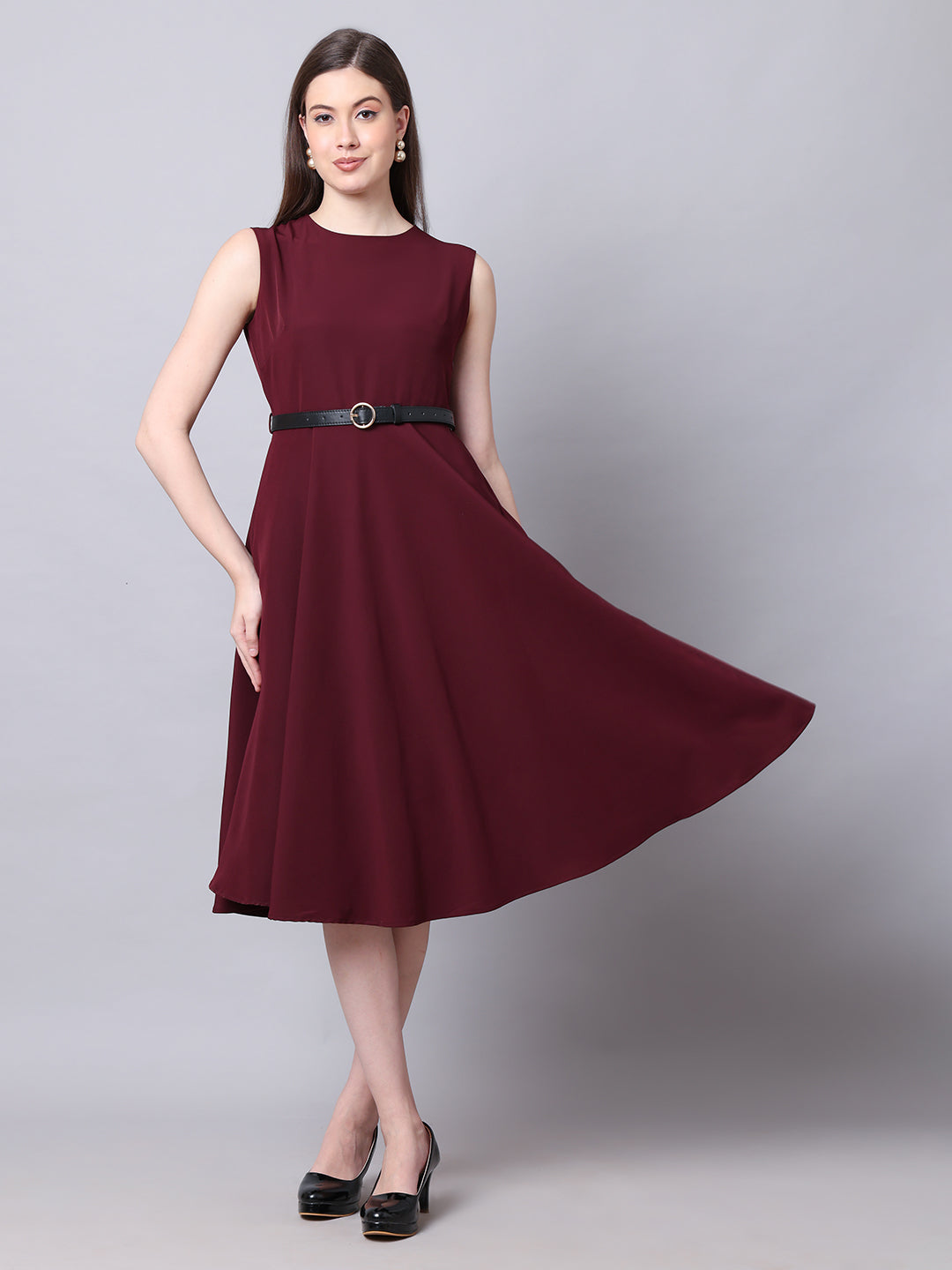 Exude Warmth Fit & Flare Dress with Belt Wine Dresses