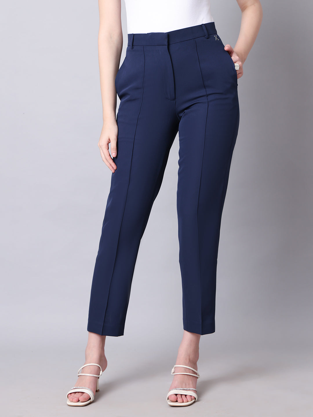Exude Timeless Threads Straight Fit Trousers with Pockets Navy Trousers
