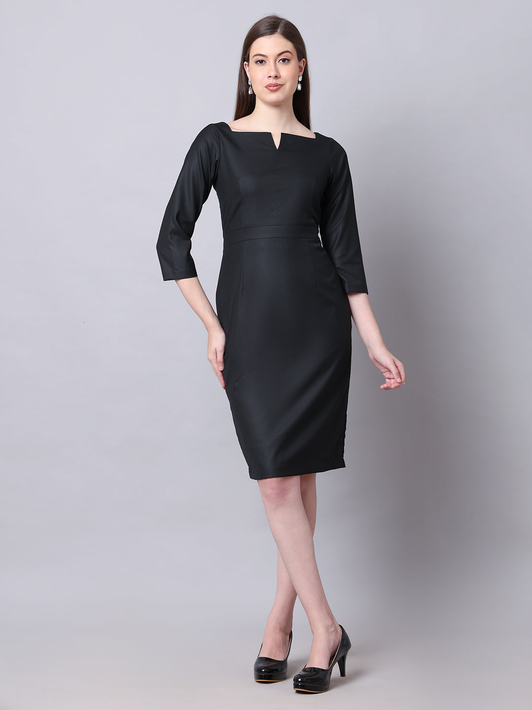 Exude Mystique Moments Suiting Fabric Square Neckline dress Black Dresses