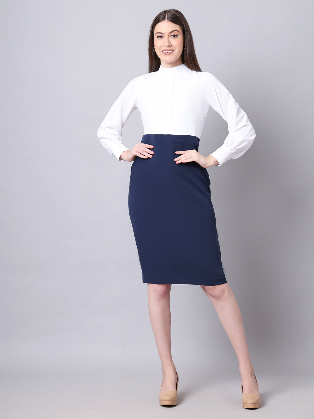 Exude Show-Stopping Colour Block with High Neck Dress Navy Dresses