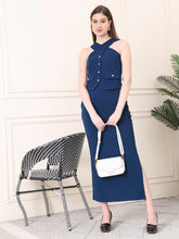 Exude Runway-Ready Long Skirt with Halter Top Royal Blue Co-ord Sets