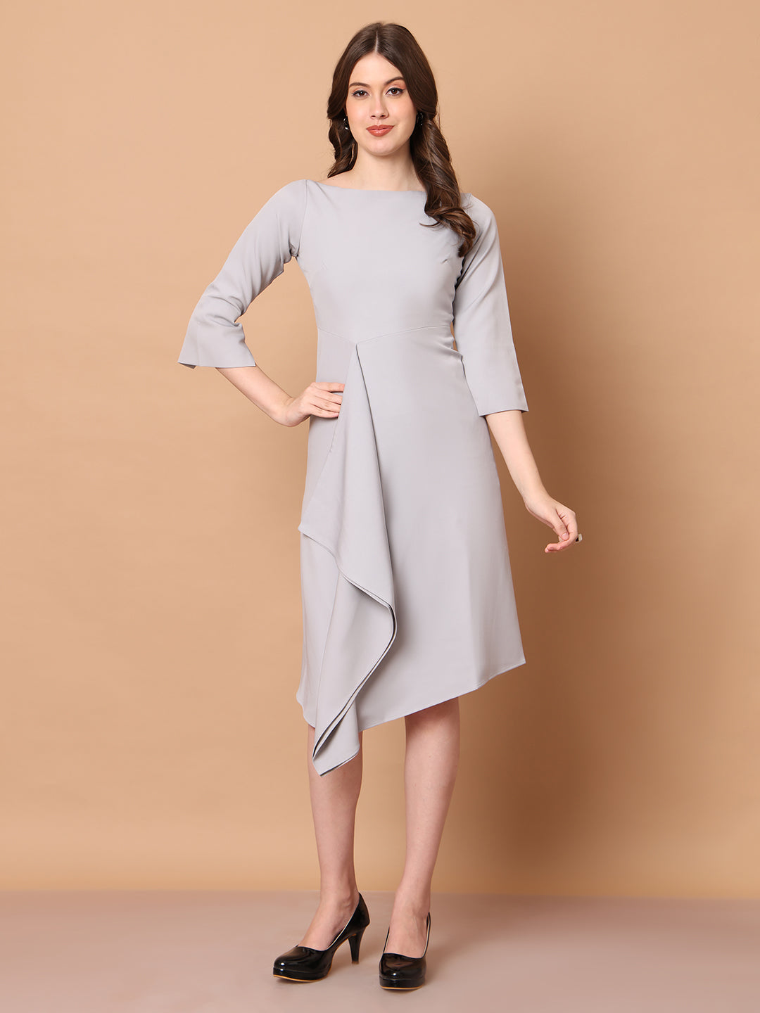 Exude Sunlit Drape Dress With Sleeves Grey Dresses