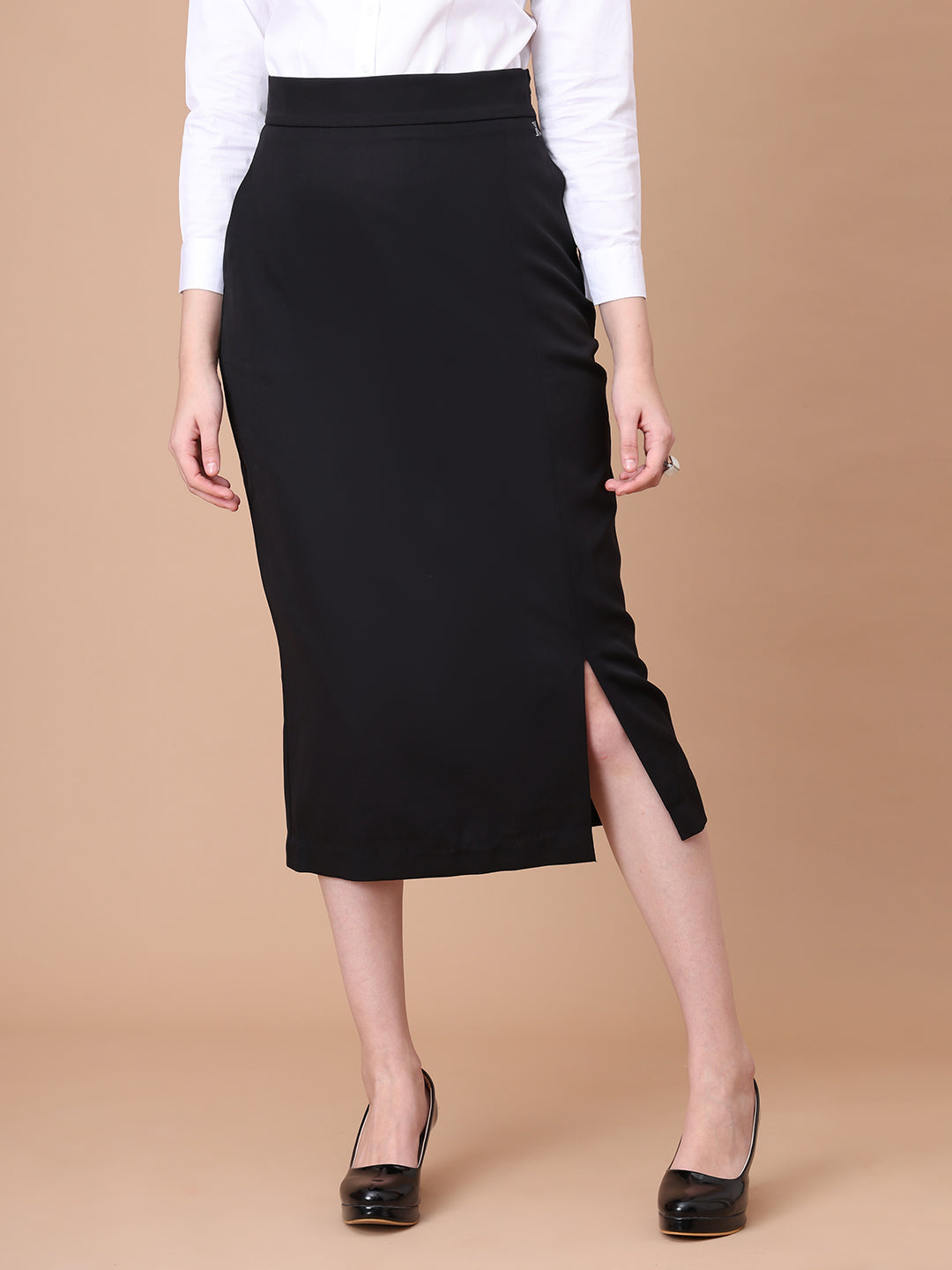 Exude Unstoppable Grace Midi Skirt With Front Slit Black Skirt