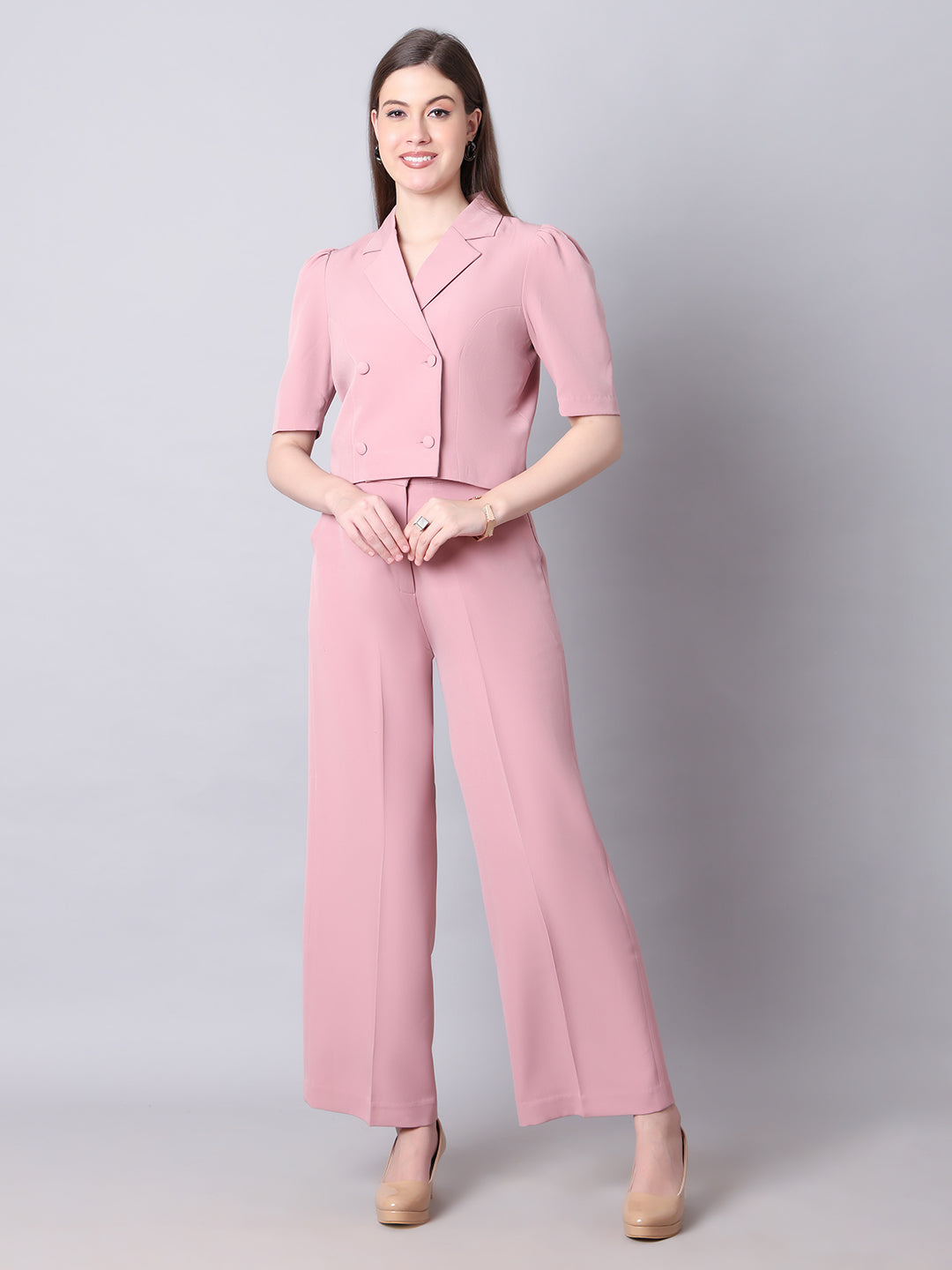 Exude Fierce & Fabulous Crop Blazer and Wide Leg Trousers Pink Trousers