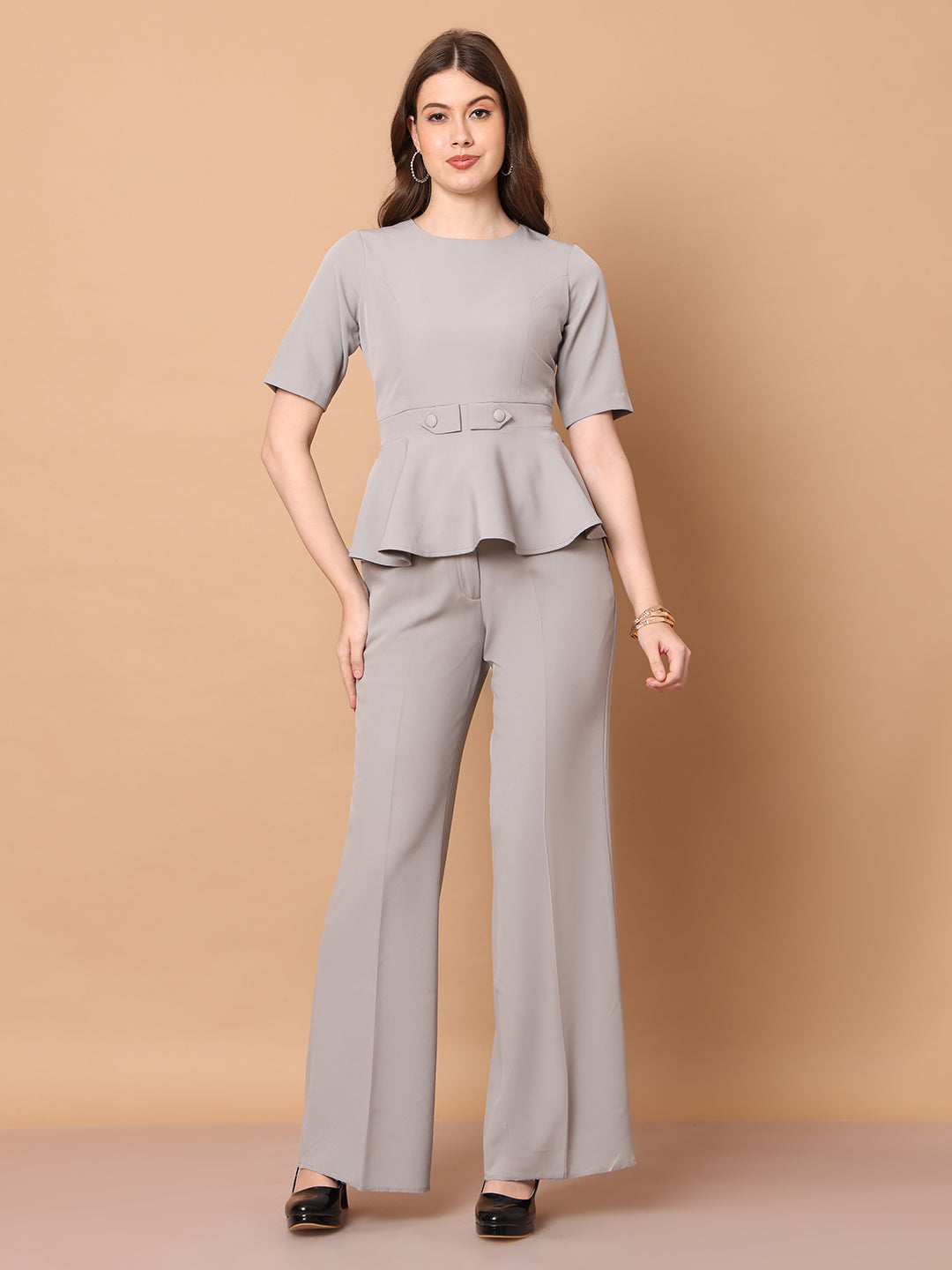 Exude Rise & Roar A-Line Top with Waist Detail, Paired With Matching Bootcut Trouser Grey Co-ord Sets