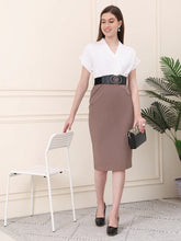Exude Sparkling Color Block Blouson Dress With Belt Beige Dresses