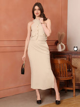 Exude Runway-Ready Long Skirt with Halter Top Beige Co-ord Sets