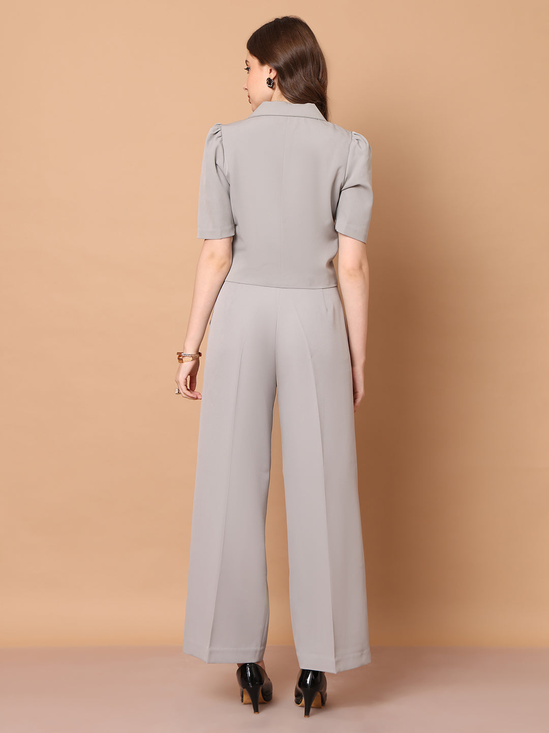 Exude Daring Dreams Crop Blazer with Wide Leg Trouser Grey Blazers