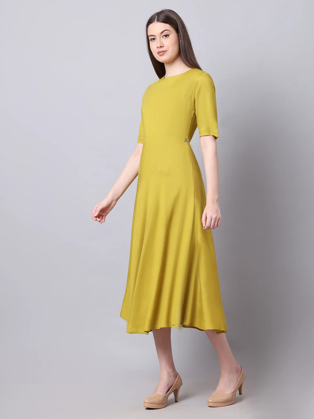 Exude Resilient Radiance Midi Flare Dress with Sleeves Lime Dresses