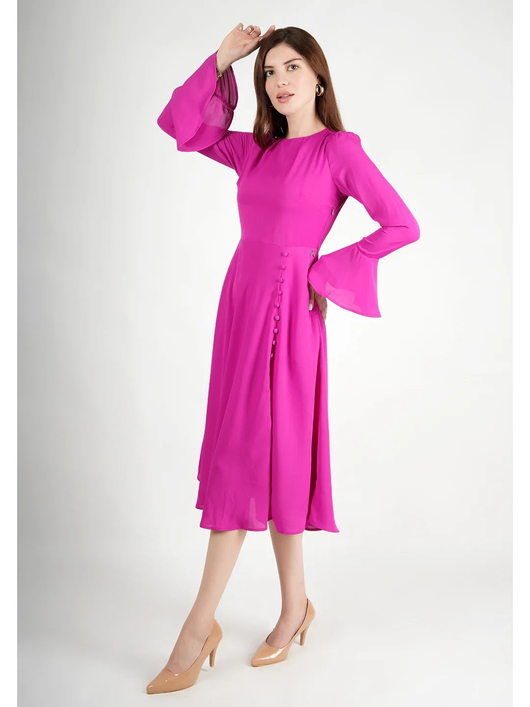 Exude Gleaming Fit & Flare Dress with Long Sleeves Rosy Pink Dresses