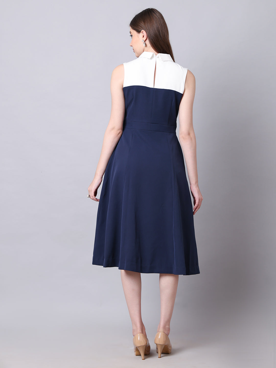 Exude Bronzed Color Block Dress With Collar Navy Dresses