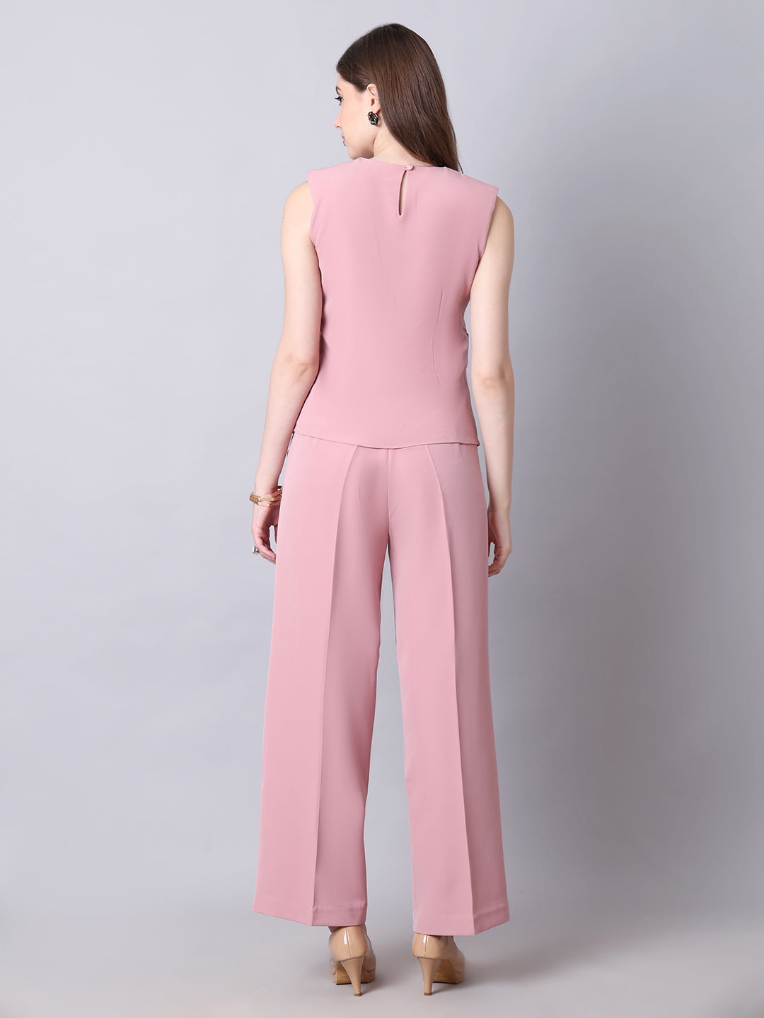 Exude Warrior Queen Side and Shoulder Pleat Top Paired with Wide Leg Trousers Dusty Pink Co-ord Sets
