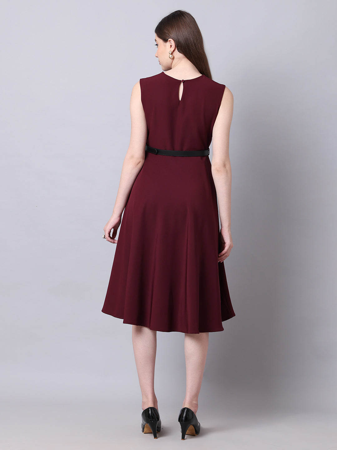 Exude Warmth Fit & Flare Dress with Belt Wine Dresses