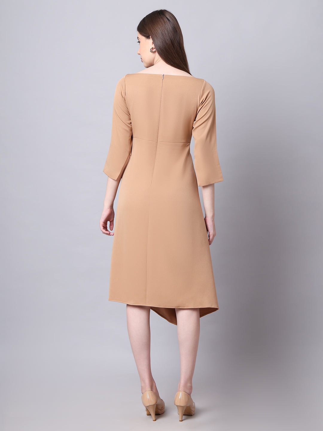 Exude Sunlit Drape Dress With Sleeves Beige Dresses