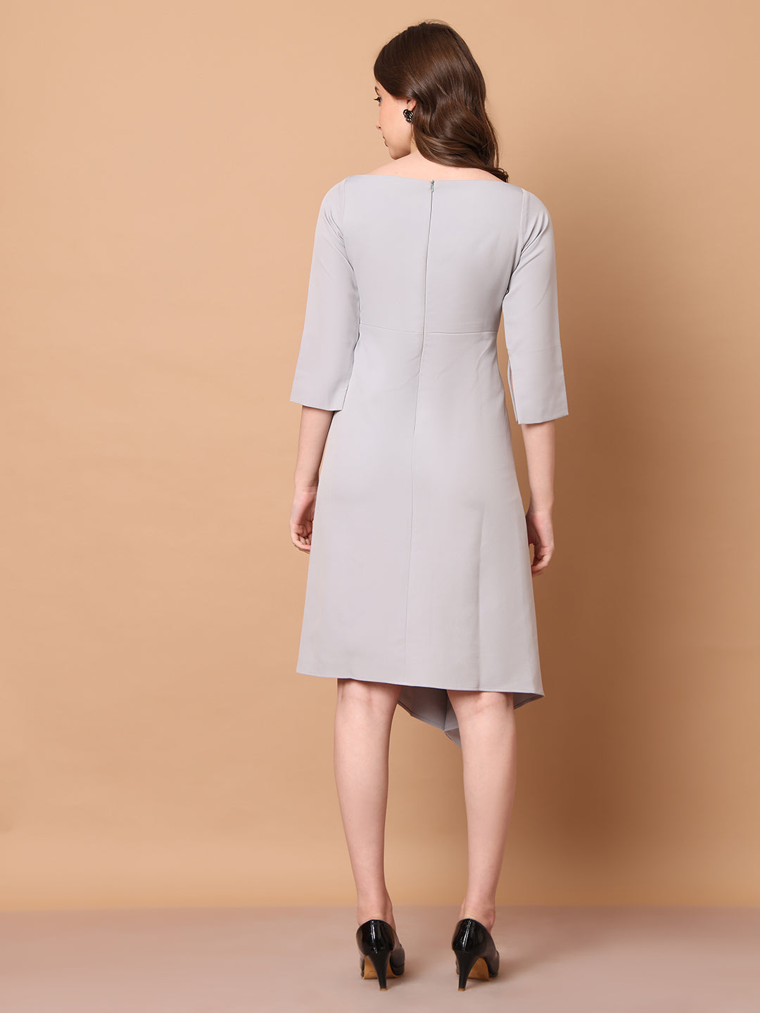 Exude Sunlit Drape Dress With Sleeves Grey Dresses