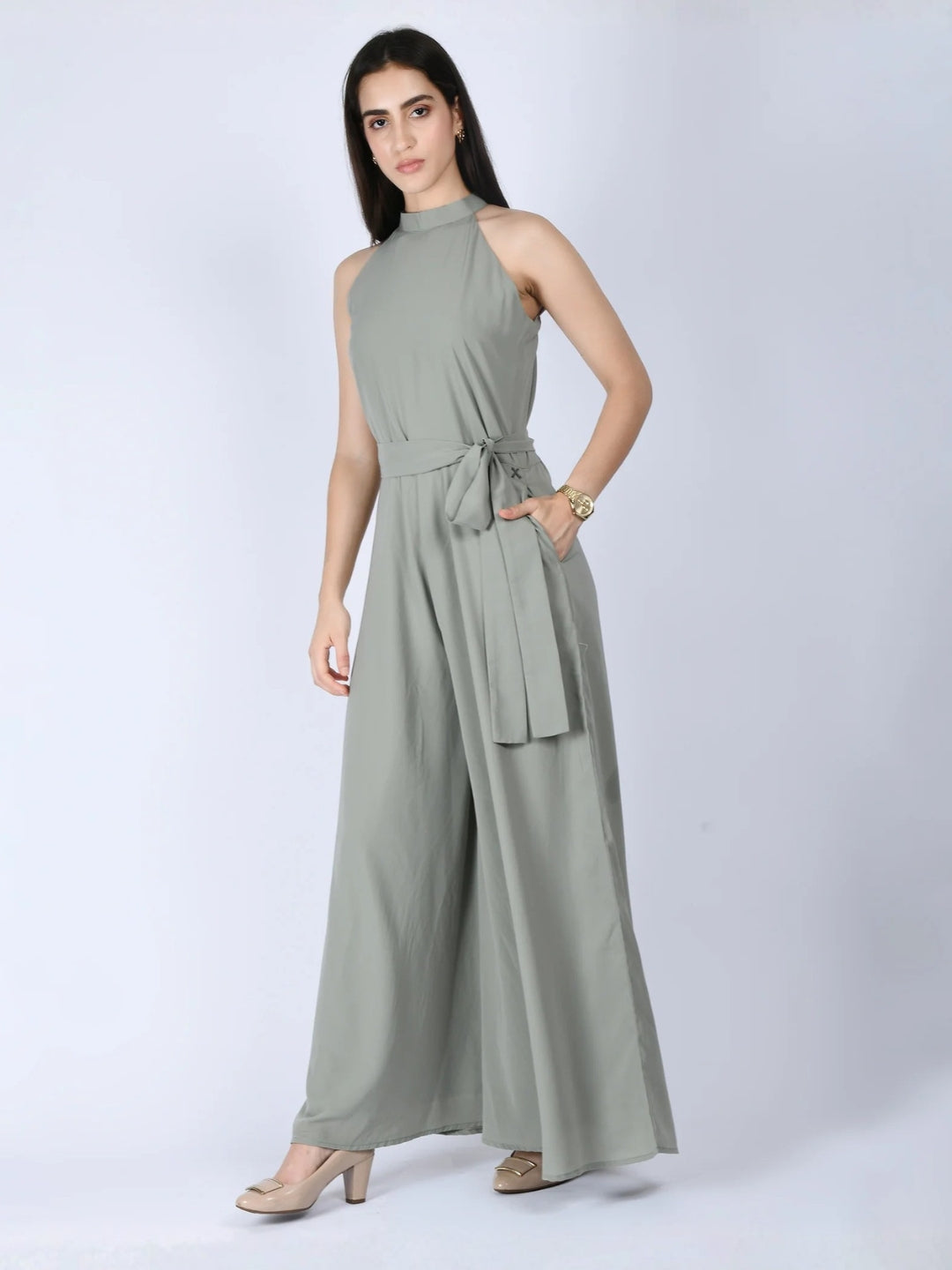 Exude Splendidness Extra Wide-Leg Jumpsuit Pista Green Jumpsuits