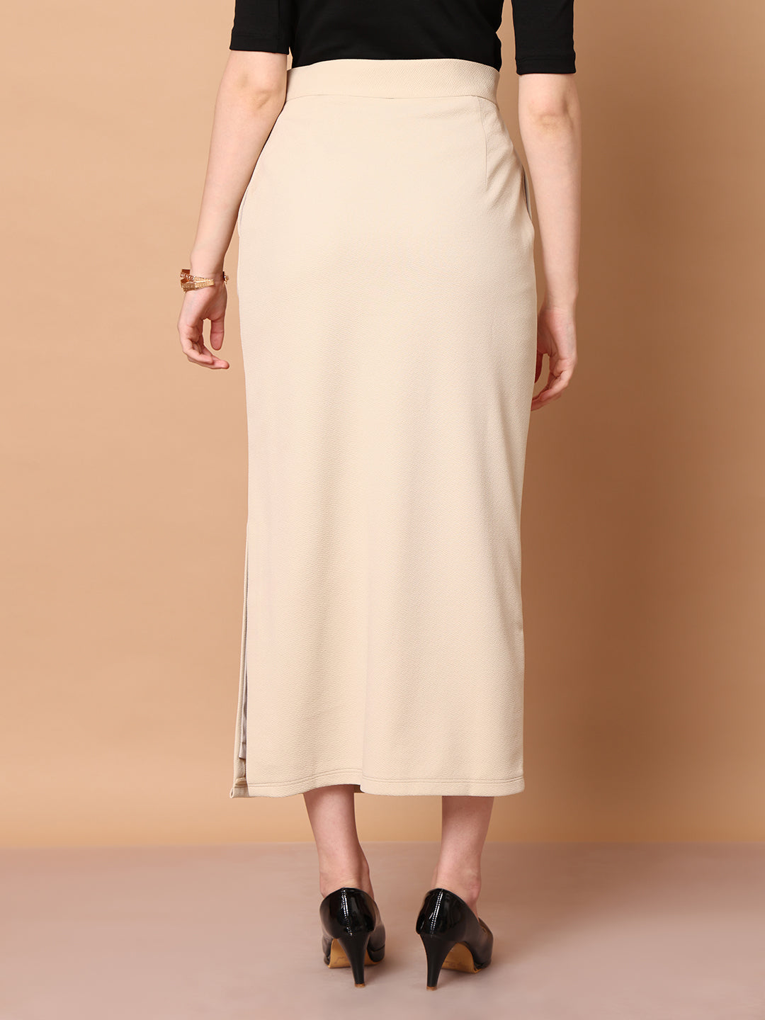 Exude Statement Piece Long Black Skirt with Side Slit Beige