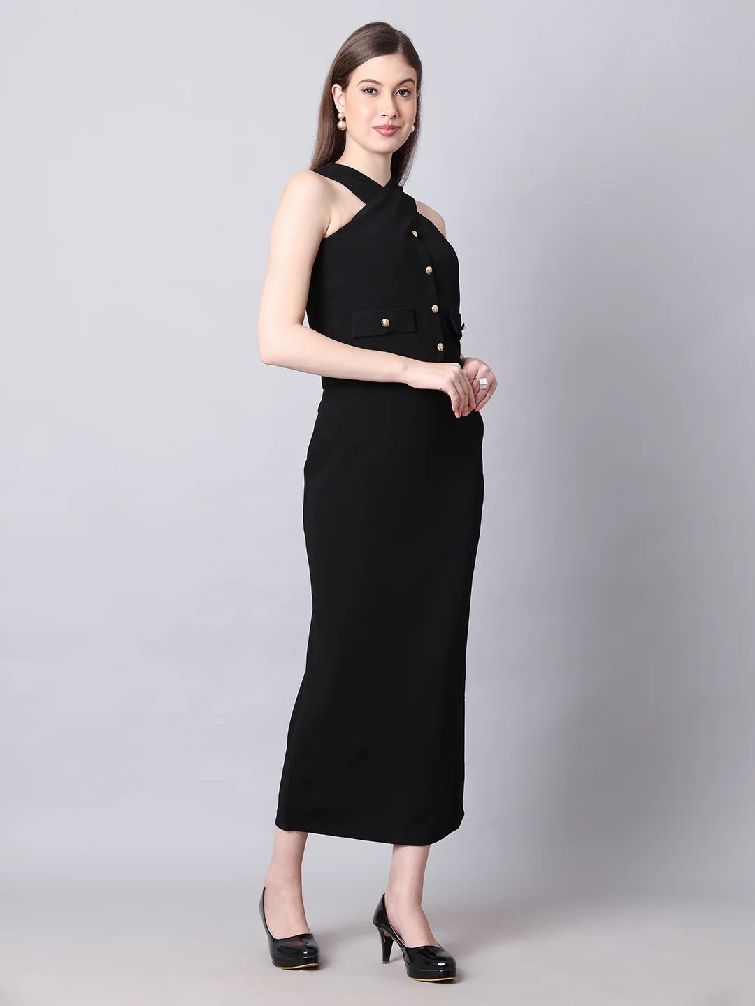 Exude Runway-Ready Long Skirt with Halter Top Black Co-ord Sets