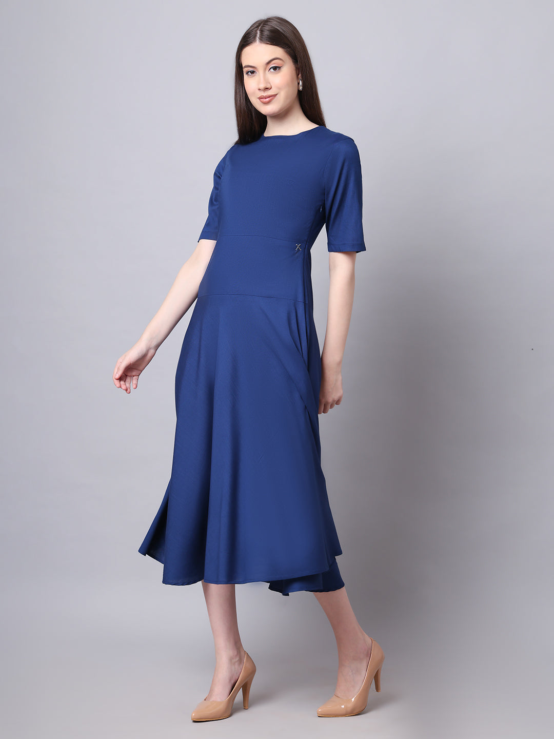 Exude Resilient Radiance Midi Flare Dress with Sleeves Navy Dresses