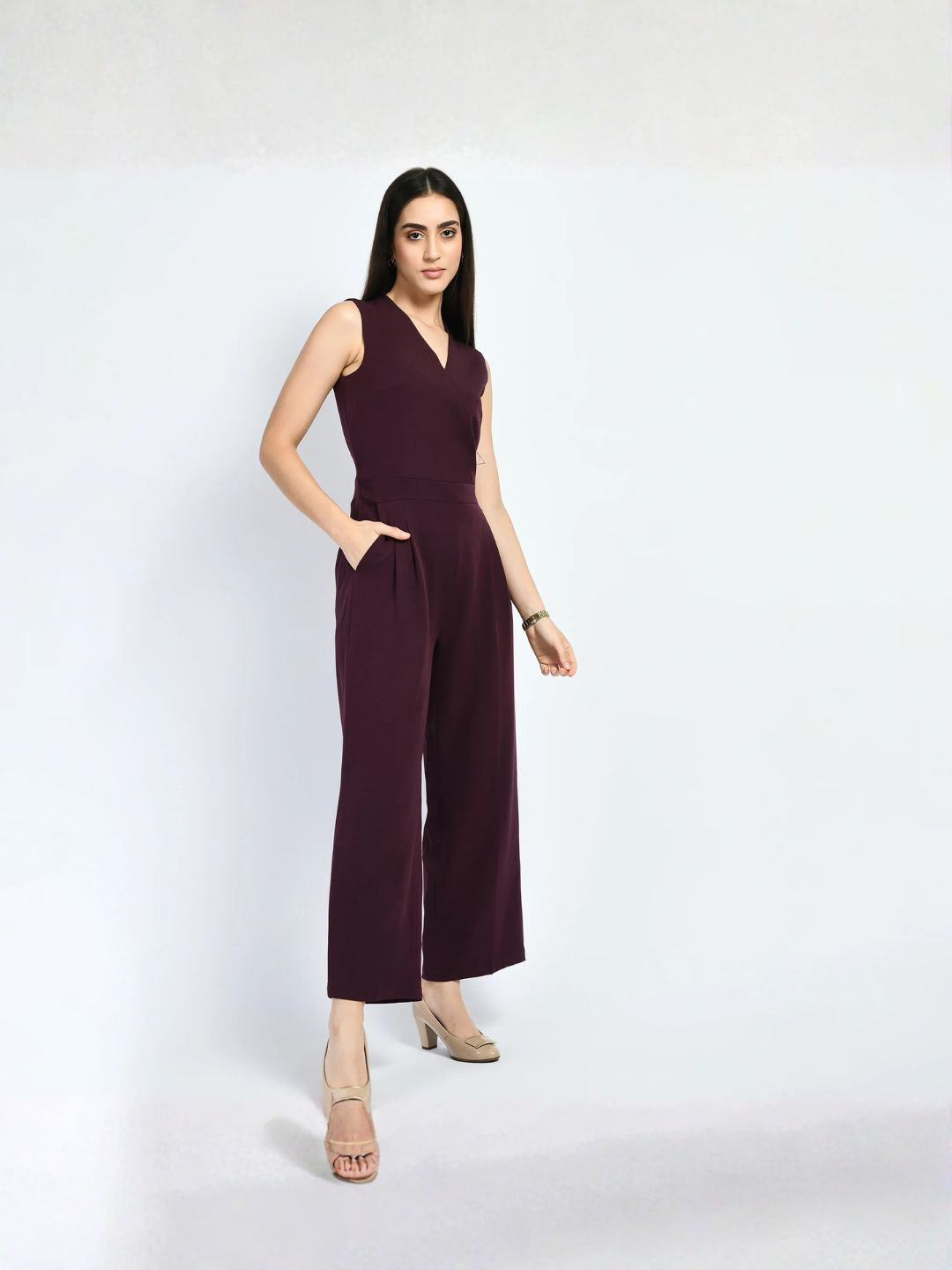 Exude Timelessness V-neck Wide-Leg Jumpsuit Wine Jumpsuits