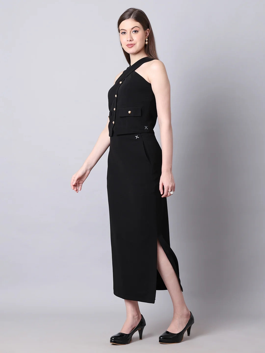Exude Runway-Ready Long Skirt with Halter Top Black Co-ord Sets