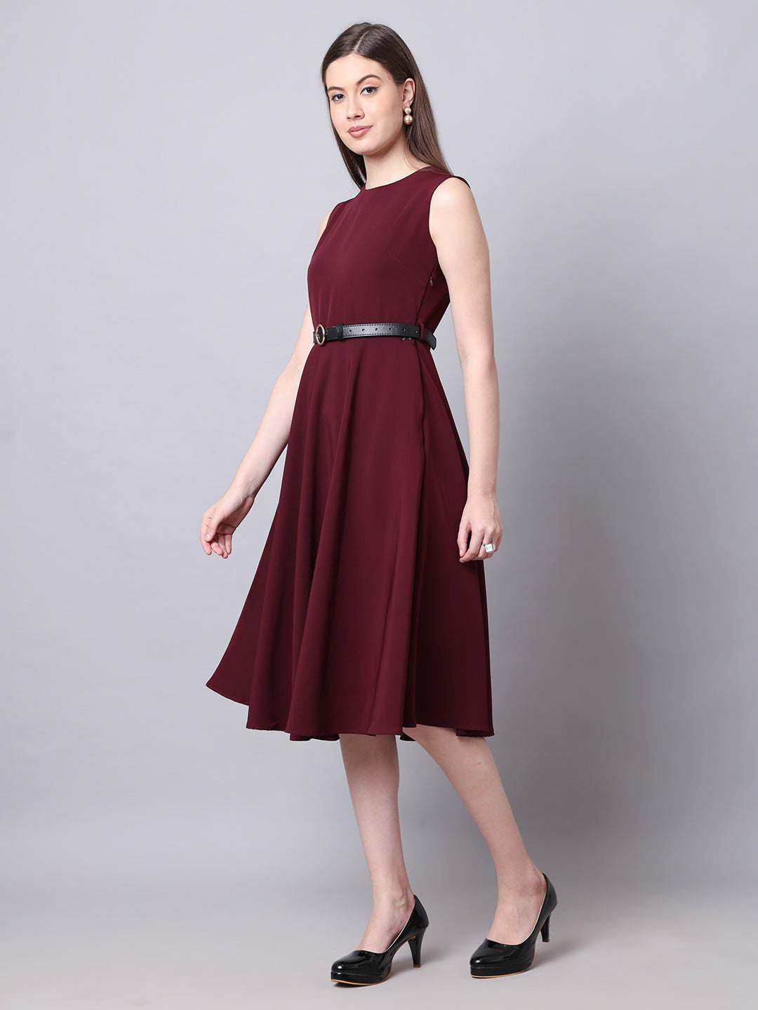 Exude Warmth Fit & Flare Dress with Belt Wine Dresses