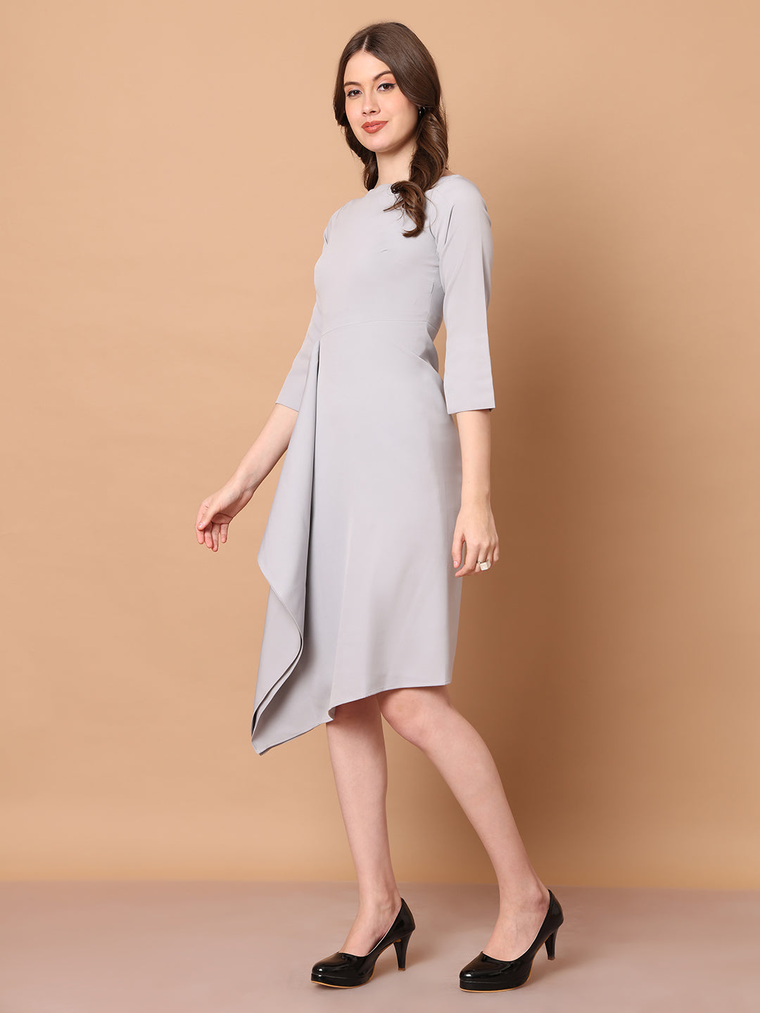 Exude Sunlit Drape Dress With Sleeves Grey Dresses