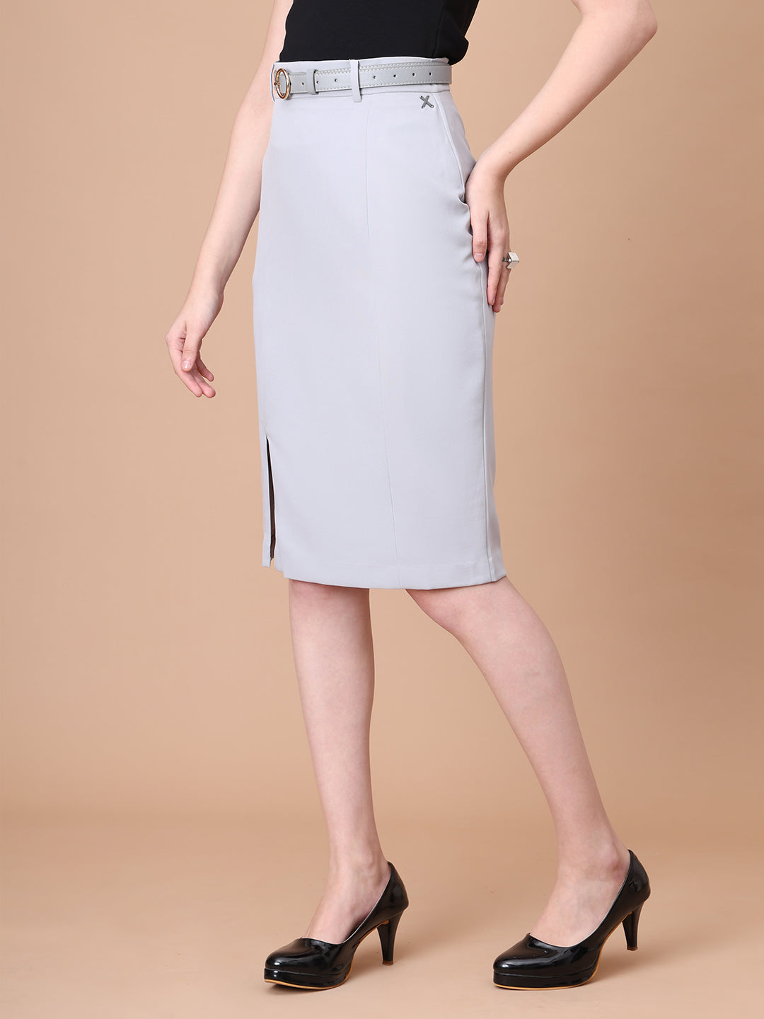 Exude Courageous Spirit Knee Length Front Slit Skirt with Belt Grey Skirt