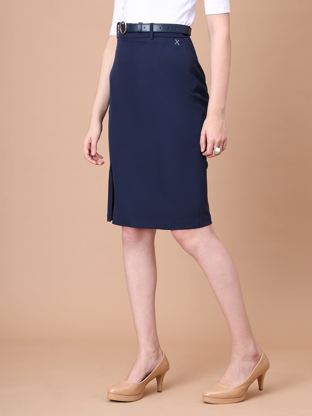 Exude Courageous Spirit Knee Length Front Slit Skirt with Belt Navy Skirt