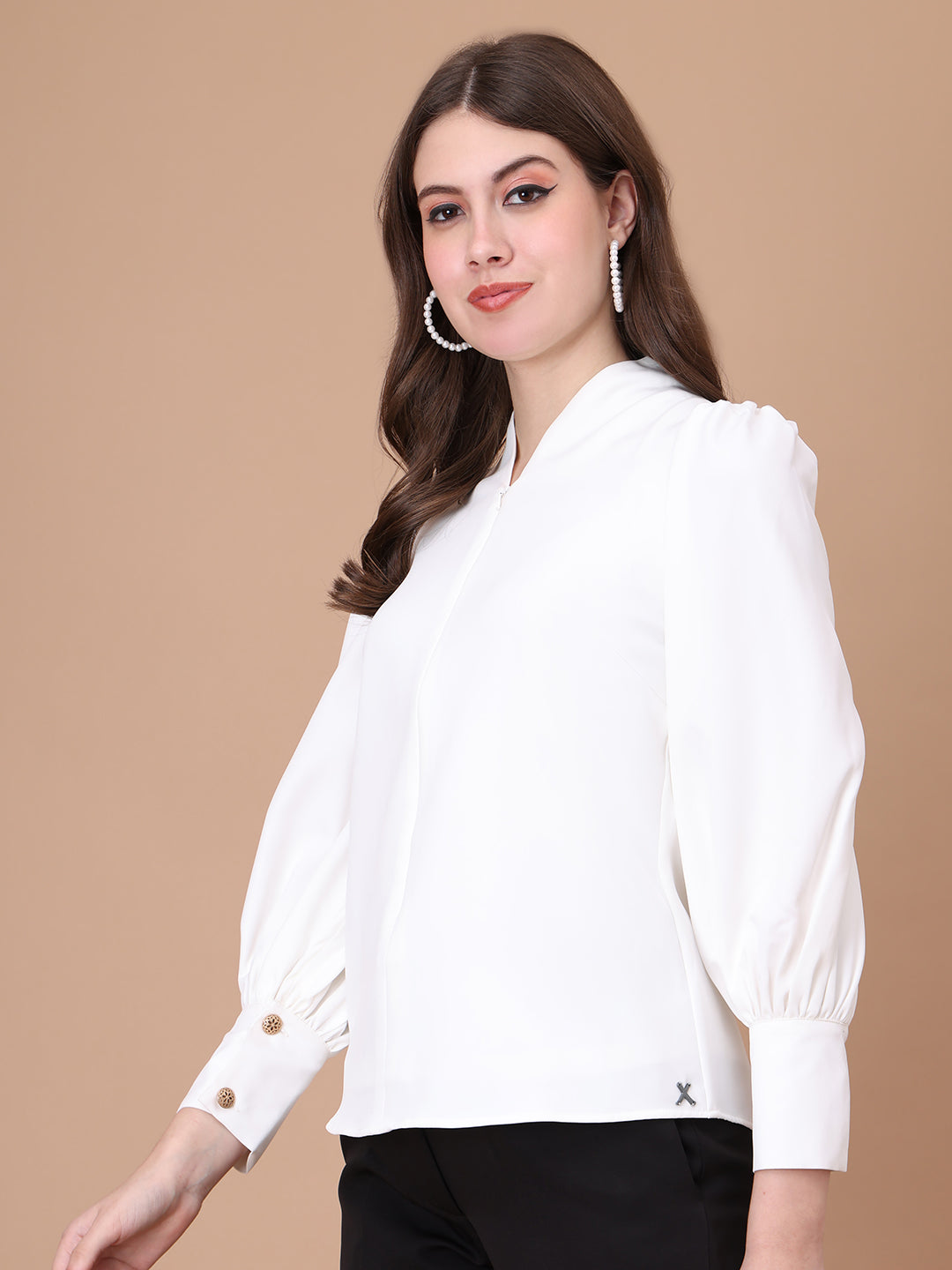 Exude Whimsical Wonders Dramatic Puff Sleeve Top with Front Zip White Tops
