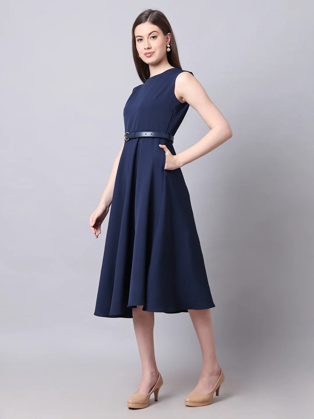 Exude Warmth Fit & Flare Dress with Belt Navy Dresses